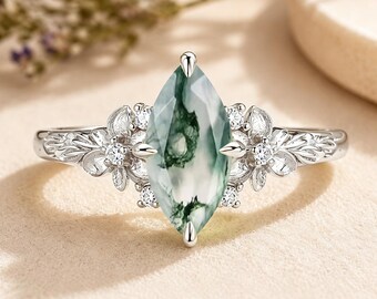 Marquise Cut Moss Agate Ring Vintage Rose Gold Engagement Ring Moss Agate Bridal Ring Unique Green Agate Ring Christmas Gift For Her