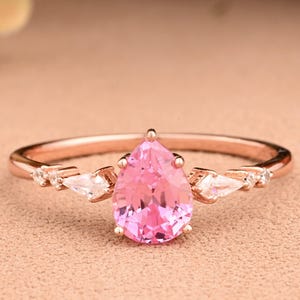 Art Deco Pink Sapphire Yellow Gold Engagement Ring For Women Pear Cut Pink Sapphire Promise Ring Wedding Proposal Anniversary Gift For Her