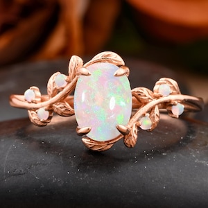 Opal Engagement Ring Vintage 14k Rose Gold Ring Oval Cut Opal Ring October Birthstone Leaf Ring Anniversary Ring Gift For Her Birthday Gift