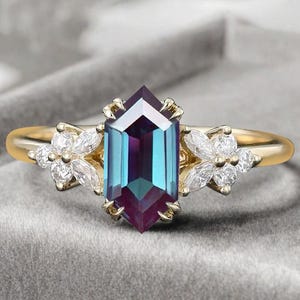 Hexagon Cut Alexandrite Engagement Ring June Birthtone Gemstone Ring Solid Gold Alexandrite Ring Promise Moissanite Ring Anniversary Gift