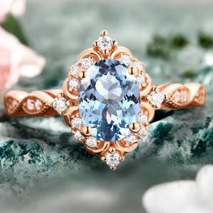 Art Deco Aquamarin Ring 14K Gold Verlobungsring Blauer Aquamarin Edelstein Brautring Einzigartiger Aquamarin Ring Zarter Schmuck Geschenk