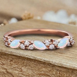 Vintage Marquise Opal Wedding Band Unique 14k Rose Gold Moissanite Wedding Band Opal Stacking Band Promise Ring Anniversary Gift For Her