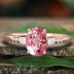Dainty Oval Cut Pink Tourmaline Engagement Ring Vintage Unique Rose Gold Tourmaline Moissanite Wedding Bridal Ring Anniversary Ring For Her