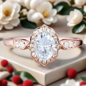 Oval Cut Moissanite Engagement Ring Art Deco Moissanite Ring Unique Rose Gold Ring Moissanite Bridal Ring Antique Promise Anniversary Gift