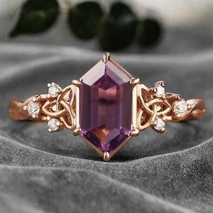 Vintage Unique Hexagon Cut Amethyst Engagement Ring Amethyst Wedding Ring Hexagon Amethyst Gemstone Ring Moissanite Cluster Ring For Women