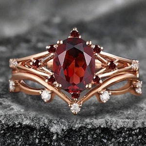 Oval Cut Ruby Engagement Ring Set Rose Gold Cluster Ruby Moissanite Bridal Ring Set Unique Wedding Ring Set Anniversary Gift For Her