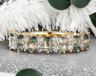 Baguette Moss Agate Wedding Band Ring Art Deco Eternity Band Unique Moss Agate Gold Ring Moss Agate Matching Ring Personalized Gift For Her