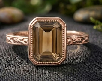 Natural Rectangular Cut Smoky Quartz Engagement Ring 14K Rose Gold Vintage Peridot Diamond Ring Anniversary Gift for Her