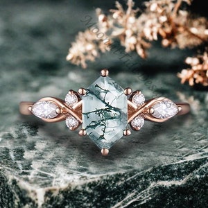Unique Hexagon Cut Moss Agate Engagement Ring Vintage Green Agate Wedding Ring Hexagon Green Gemstone Ring Moissanite Cluster Ring For Women