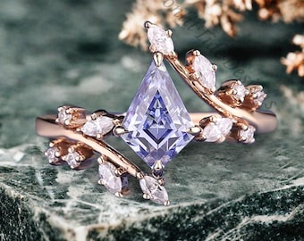 Kite Cut Lavender Amethyst Engagement Ring Unique Rose gold Nature Inspired Leaf Wedding Ring Bridal Promise Ring Anniversary Gift Ring