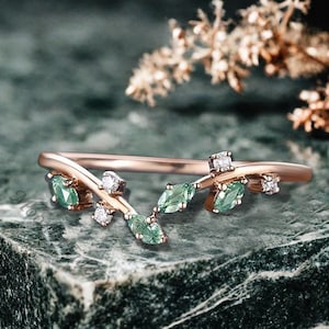 Marquise Moss Agate Wedding Band Unique Rose gold Moissanite Curved Wedding Band  Leaf Ring Branch Band Bridal Stacking Promise Gift For Her