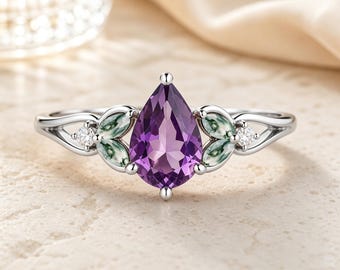 Vintage Pear Cut Amethyst Bat Wing Ring Rose Gold Moss Agate Engagement Ring Unique Amethyst Bridal Ring Christmas gifts