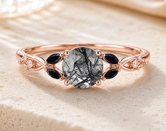 Round Black Rutilated Quartz Engagement Ring, Moissanite Accents, Black Onyx Ring