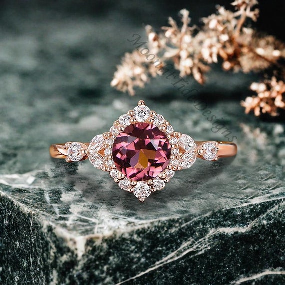 Art Deco Pink Tourmaline Engagement Ring Round Pink Tourmaline