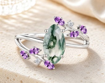 Marquise Cut Moss Agate Ring Vintage Rose Gold Engagement Ring Danity Amethyst Bridal Ring Unique Green Agate Ring Christmas Gift For Her