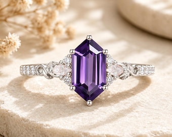 Vintage Unique Hexagon Cut Amethyst Engagement Ring Amethyst Wedding Ring Amethyst Gemstone Ring Moissanite Cluster Ring For Women