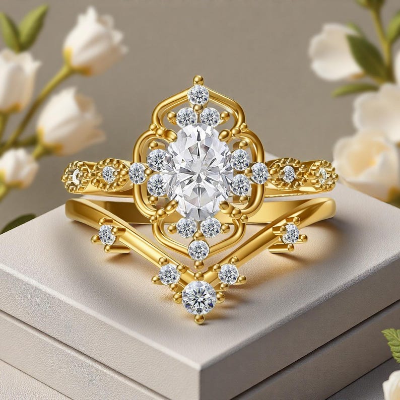 Oval Cut Moissanite Engagement Ring Set 14k Yellow Gold Cluster ...