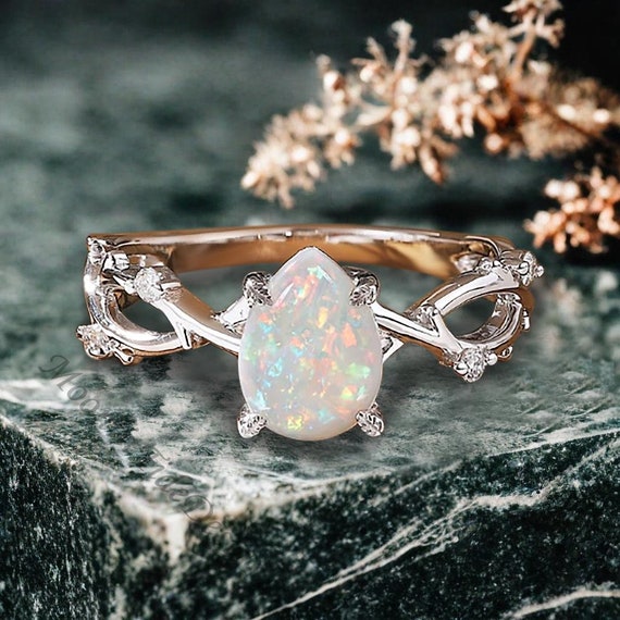 ユニークなオパール婚約指輪セット ヴィンテージ 14K ローズゴールド 