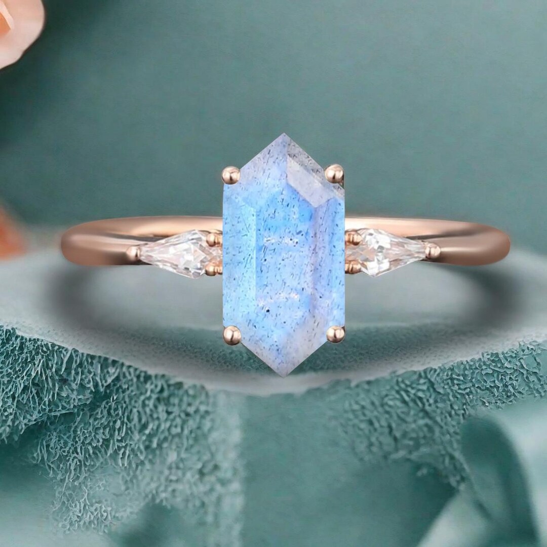 Labrine Engagement Rings Vintage Hexagon Labradorite Ring Engagement Ring Natural Labradorite ...