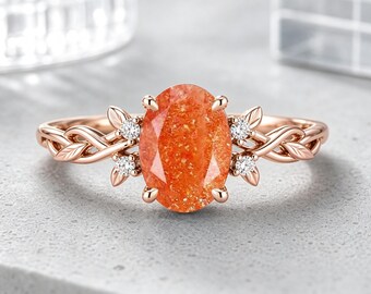 Vintage Unique Sunstone Ring 14K Rose Gold Oval Orange Gemstone Engagement Ring Unique Moissanite Promise Ring Anniversary Gift For Women