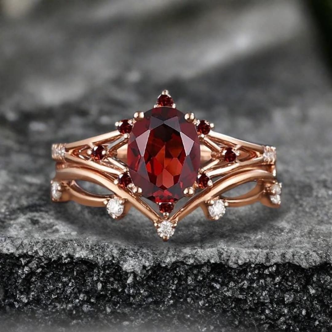 Ruby Rings Set Oval Cut Ruby Engagement Ring Set Rose Gold Cluster Ruby Moissanite ...
