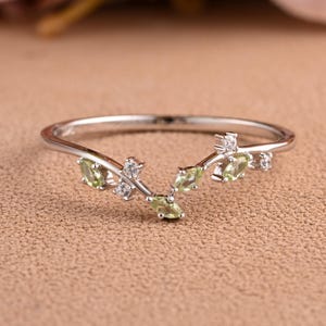 Marquise Cut Peridot Gemstone Ring Peridot Wedding Band Leaf Ring Branch Matching Band Moissanite Promise Ring Stackable Band Gift For Her