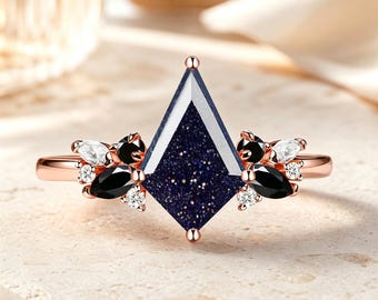 Kite Cut Blue Sandstone Engagement Ring Unique Vintage Black Onyx Wedding Ring  Moissanite Cluster Ring For Women Halloween Gift