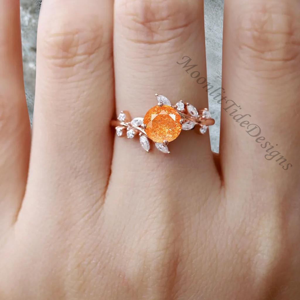 Vintage Unique Sunstone Ring 14K Solid Gold Round Orange Gemstone ...