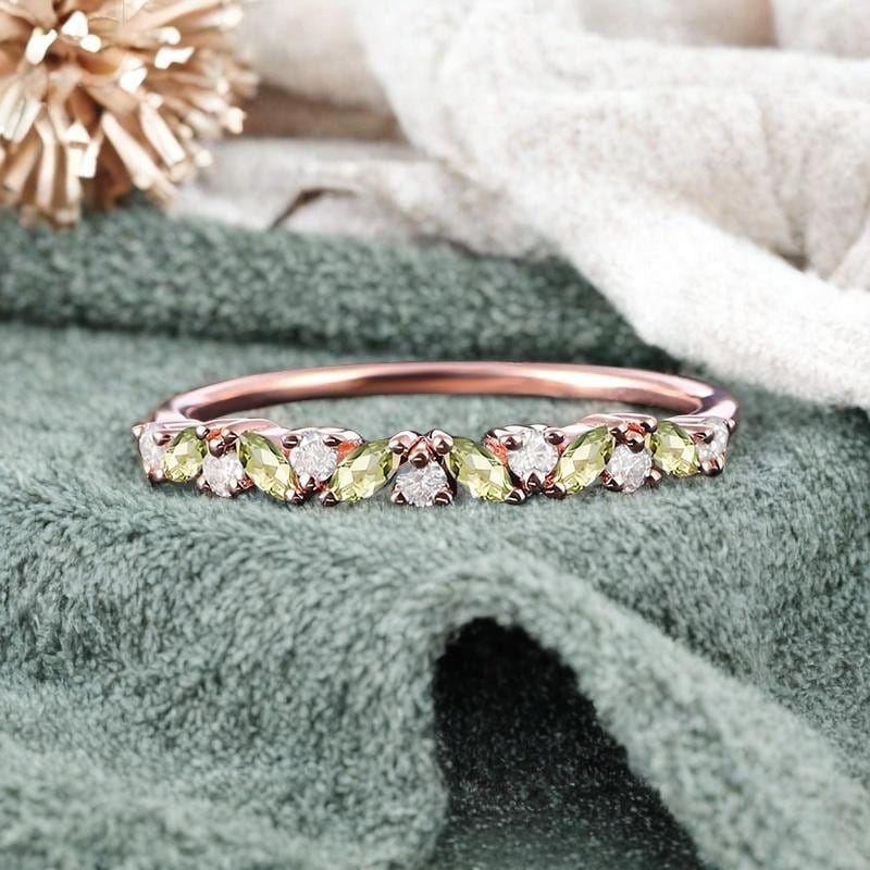Peridot Wedding Band Marquise Cut Peridot Gemstone Ring Full Eternity Matching Band Moissanite Promise Ring Stackable Band Gift For Her