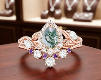Conjunto de anillo de compromiso de esmeralda talla pera, conjunto de anillo de novia de esmeralda, conjunto de anillo de boda de amatista y moissanita, conjunto de anillo de novia de esmeralda vintage para mujer, regalo
