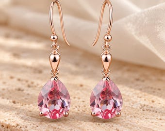 Dainty Pear Cut Pink Sapphire Jewelry Set Art Deco Pink Sapphire Hoop Earrings Wedding Bridal Set Gift for Her