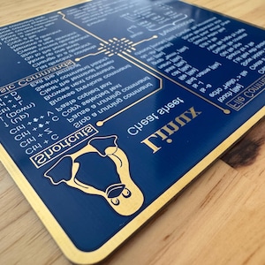 Op de afbeelding: Een marineblauwe Linux-spiekbrief met goudkleurige tekst en accenten. De sheet heeft een gestileerd pinguïnlogo en geeft basiscommando's weer. De randen zijn afgewerkt met een gouden rand en de tekst is wit.