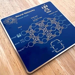 May include: A square blue coaster featuring a white Neural Networks cheat sheet diagram. The design includes a brain icon, a small robot, a neural network graph with nodes and lines, and text labels including Input, Image, Word, Signal, and Backprop.