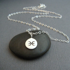 tiny sterling silver Pisces necklace. small zodiac star sign astrological astrology symbol petite pendant simple charm everyday jewelry 3/8&quot;