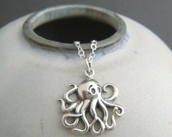 small silver octopus necklace. tiny sterling sea creature pendant. ocean aquatic marine animal cartoon beach jewelry nature charm. 5/8"