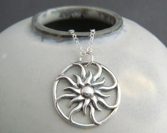 sterling silver sun necklace small sunburst pendant sunbeam charm sunshine solar boho bohemian jewelry rustic yoga everyday gift 3/4&quot;