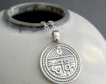 sterling silver good health necklace. Sanskrit pendant. small spiritual protection jewelry. zen yogi yoga jewelry Hindu India pendant 5/8"