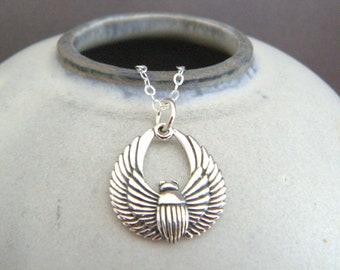 small sterling silver scarab necklace winged Egyptian beetle wing insect mythology rustic spirit rebirth protection pendant sun symbol 5/8"