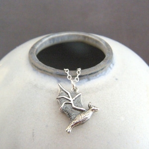 Sterling Silver Flying Bat Necklace, Halloween Charm (5/8")