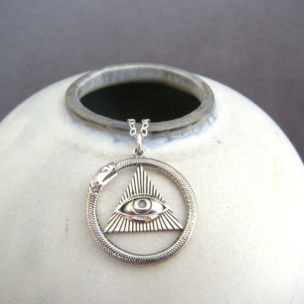 sterling silver all seeing eye necklace small all-seeing eye triangle charm ouroboros snake serpent dragon biting jewelry eye of God 3/4"