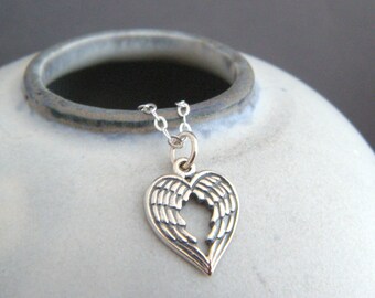 Sterling Silver Angel Wings Heart Necklace, Dainty Memorial Charm 1/2"