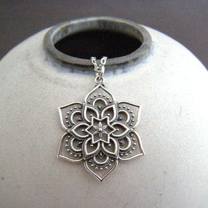 sterling silver lotus mandala necklace openwork small petal flower pendant zen universe charm boho bohemian jewelry spiritual yoga 1"