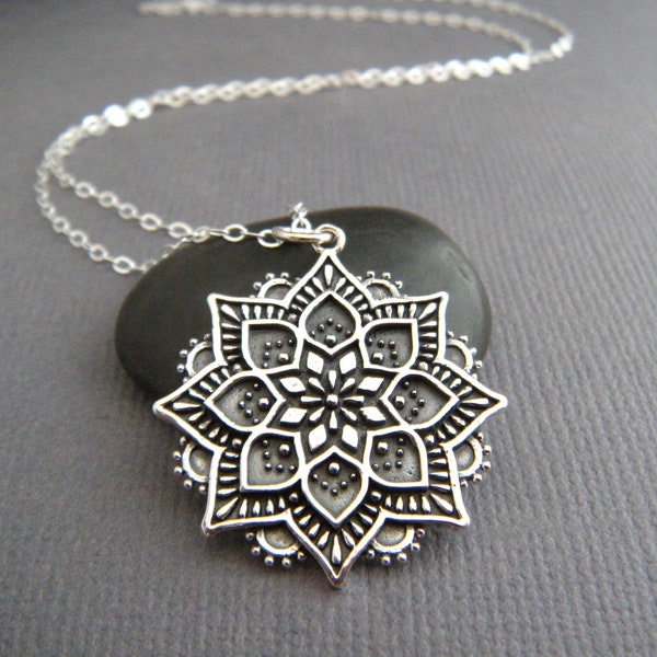 sterling silver lotus mandala necklace small petal flower pendant zen universe charm boho bohemian jewelry spiritual yoga everyday 1"