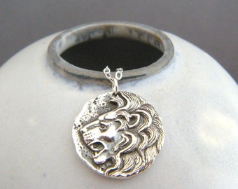 sterling silver lion coin necklace replica small ancient Greek pendant strength leadership protection animal charm power gift for her 3/4"