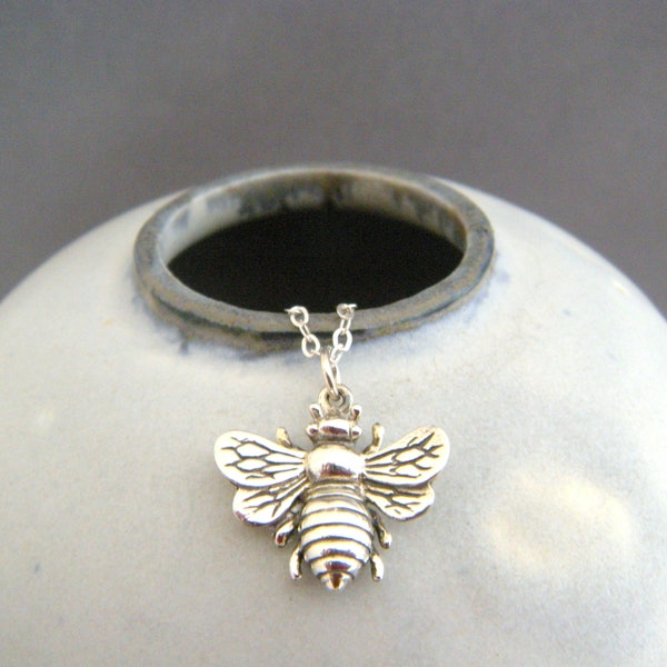 sterling silver honey bee necklace honeybee pendant animal spirit totem small simple delicate everyday jewelry petite good luck charm 5/8"