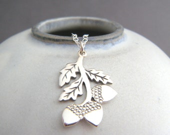 sterling silver oak leaves 3 acorns necklace small leaf charm simple nature pendant autumn fall strength forest trees jewelry hiker 7/8"