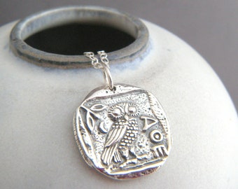 sterling silver Athenas owl necklace small replica Greek mythology coin rustic spirit animal bird pendant wisdom strength symbol jewelry 3/4