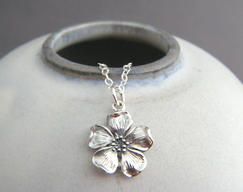 sterling silver cherry blossom necklace small flower pendant petite dainty delicate floral charm botanical nature everyday jewelry gift 1/2"