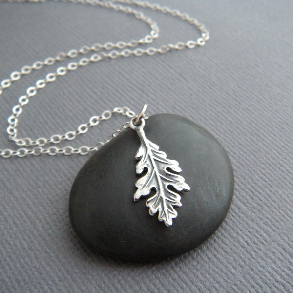 sterling silver oak leaf necklace small tiny petite realistic charm simple nature pendant autumn fall strength forest tree jewelry hiker 3/4