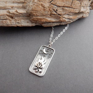 Sterling Silver Campfire Necklace: Bronze Flame, Moon Charm